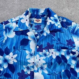 VINTAGE Pomare Shirt Mens Large‎ Blue Floral Hawaiian Aloha Camp Collar 60s 70s